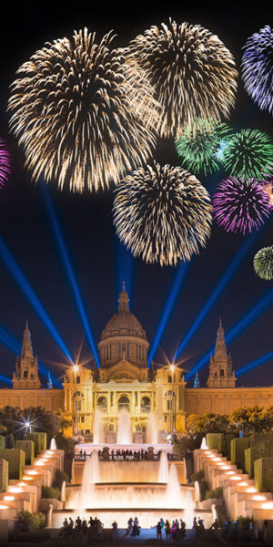 Fireworks under Magic Fountain in Barcelona