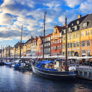 Colorful Traditional Houses in Copenhagen old Town Nyhavn at Sunset