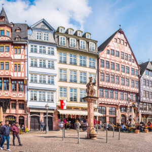 Frankfurt tourists and locals Romerberg restaurants town square panorama Germany