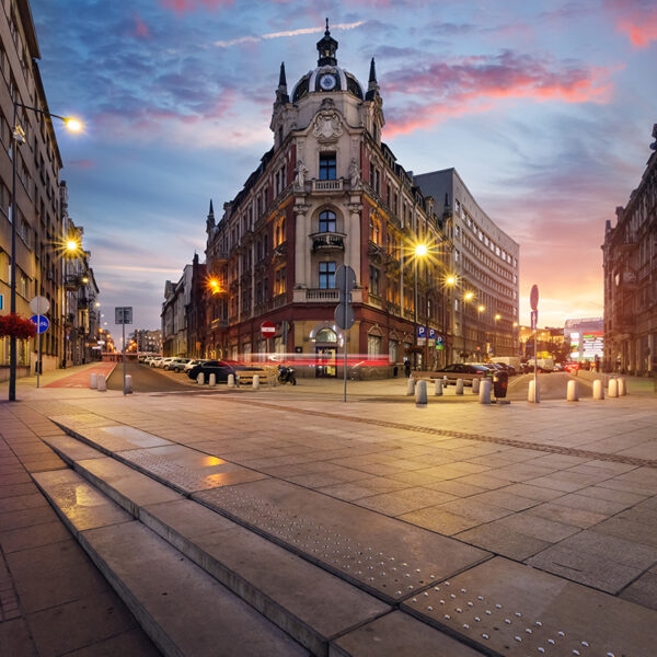 Central square of Katowice in dramatic sunset.