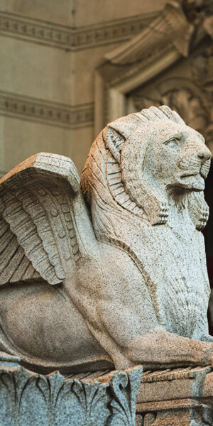 Lion at the entrance to Basilica Notre Dame de Fourviere, Lyon, France