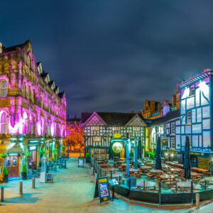 Restaurants on the Shambles square in Manchester during night