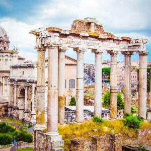 View of Roman Forum (Forum Romanum) with Temple of Saturn, Rome, Italy.