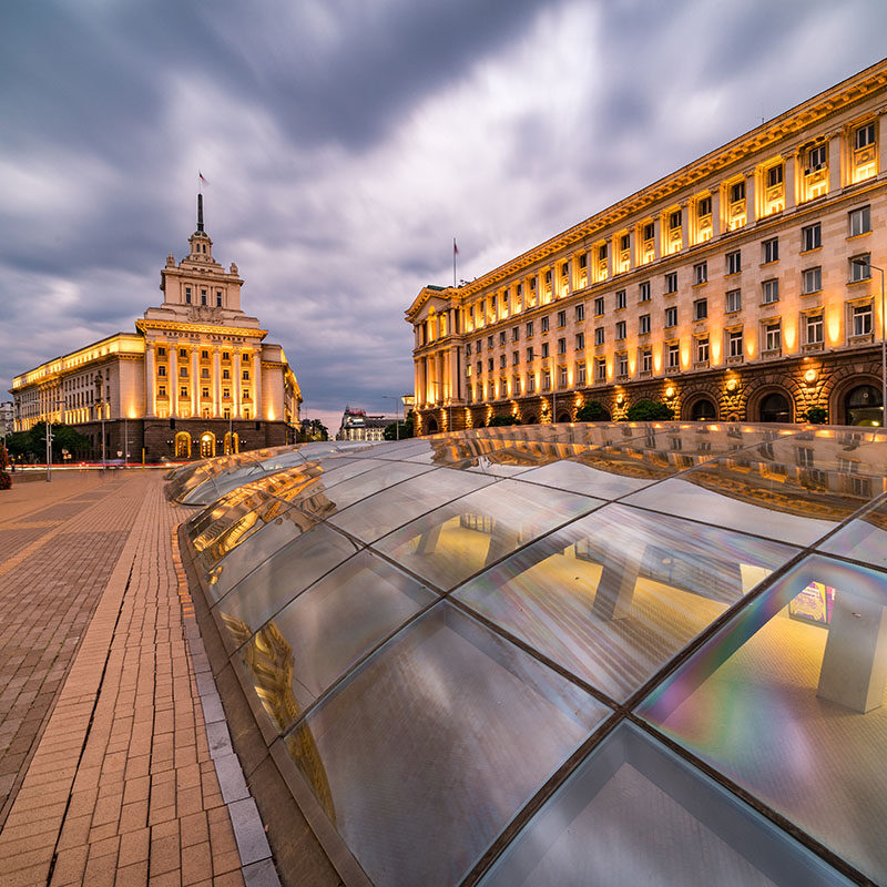 Long exposure, panoramic view of downtown Sofia city in Bulgaria, Eastern Europe - creative stock image