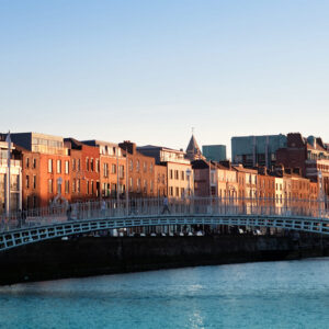 Ha'Penny bridge on Liffey river in Dublin